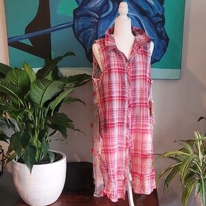 Aratta Red and White Plaid Sleeveless Dress Duste With Floating Flowerds Size L